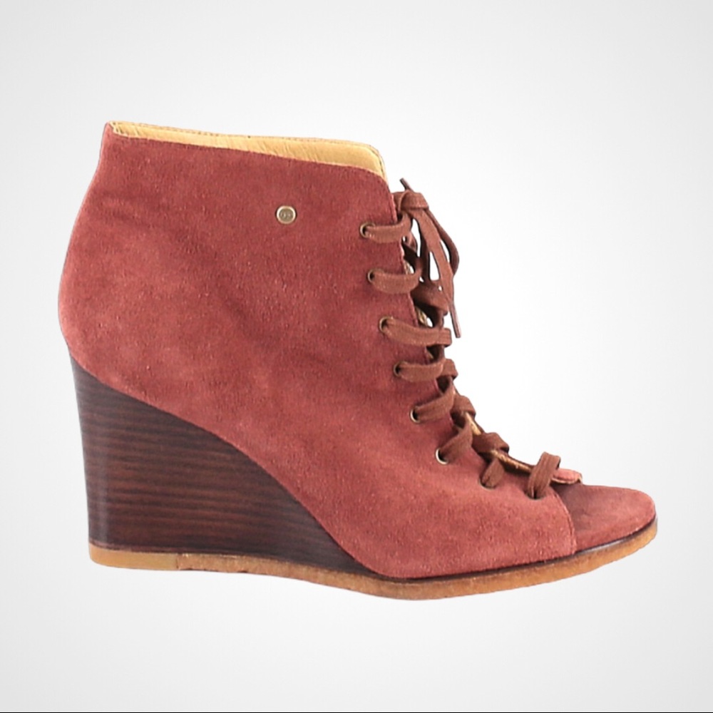 Ugg Elyse Peep Toe Lace Up Wedge Suede Ankle Boots